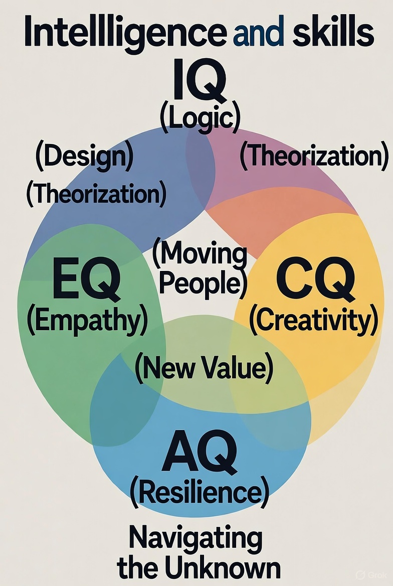 IQ、EQ、CQ、AQの4つの円が重なり合い、中心がSynthesis Intelligence IQを示す図